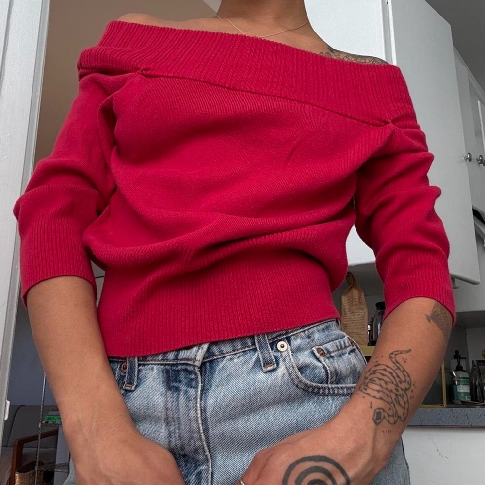 Red off the shoulder sweater